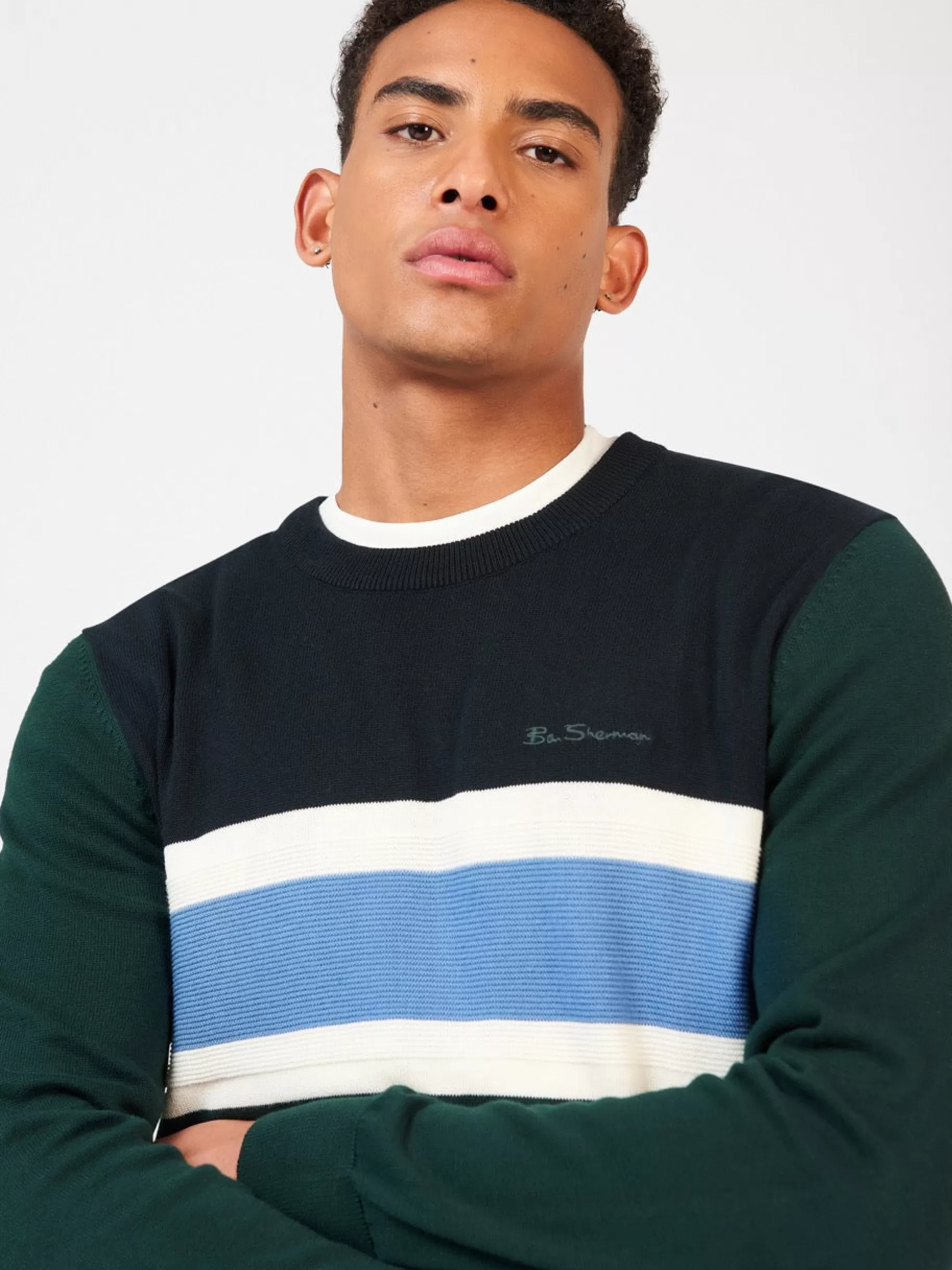 Chest Stripe Crewneck Sweater - Green>Ben Sherman Discount