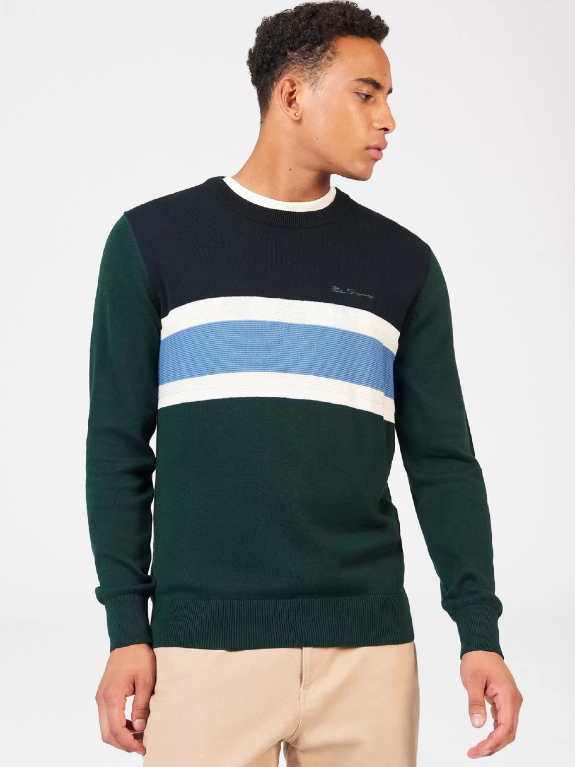 Chest Stripe Crewneck Sweater - Green>Ben Sherman Discount