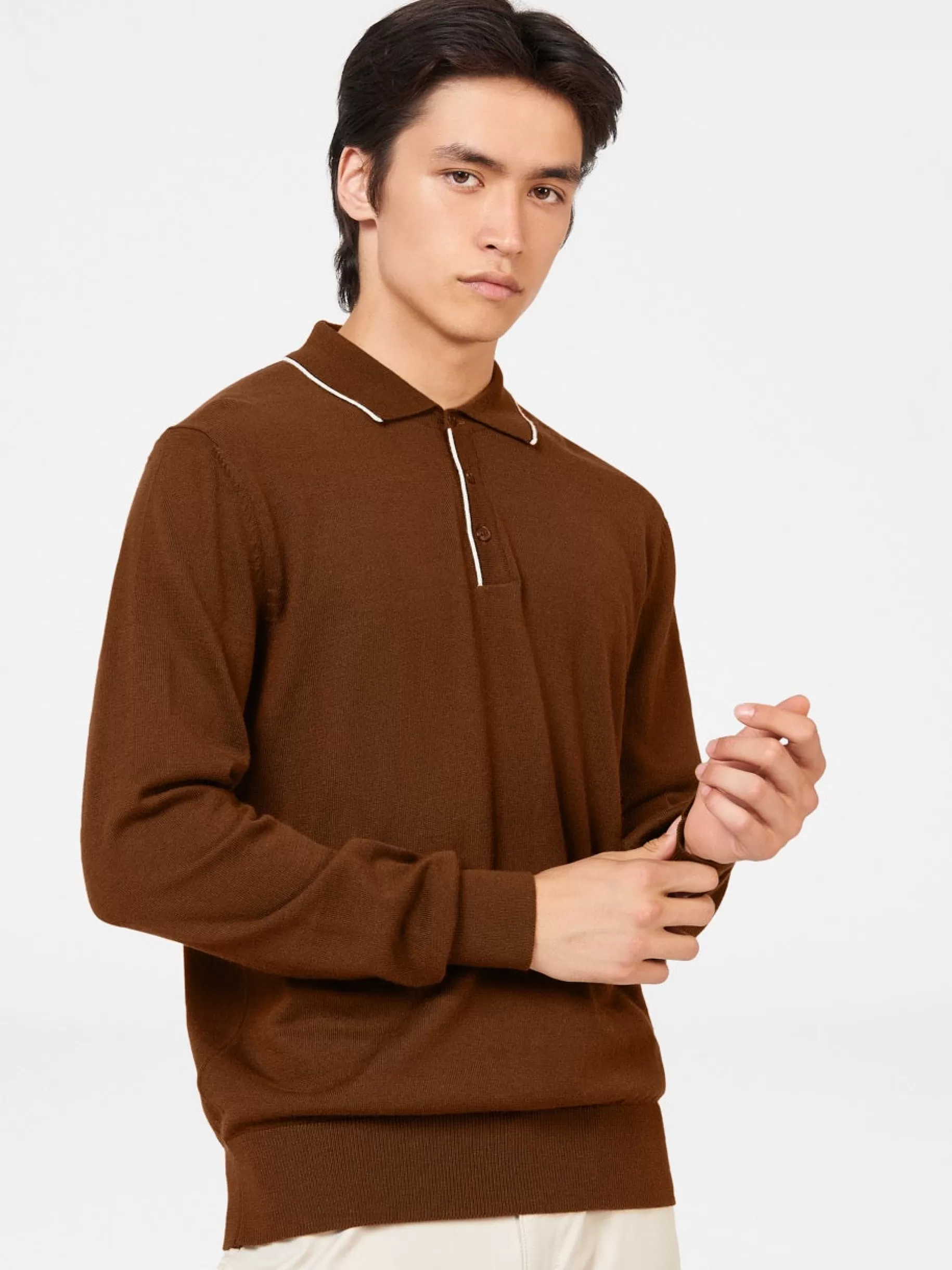 Tipped Merino Knit Sweater Polo - Brown>Ben Sherman Fashion