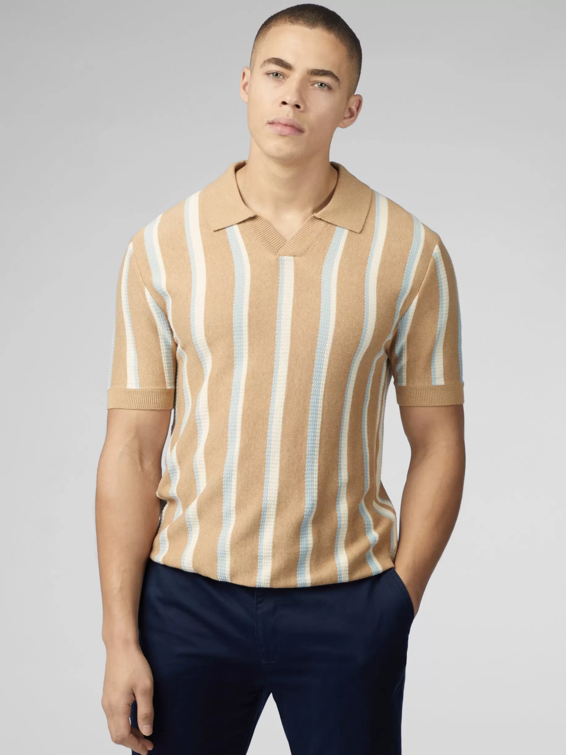 Vertical Stripe Open Neck Polo - >Ben Sherman Cheap